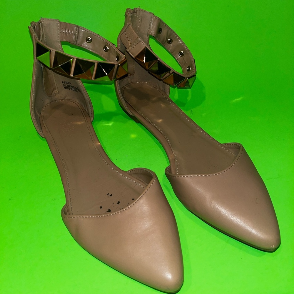 Studded Beige Ankle Strap Flats